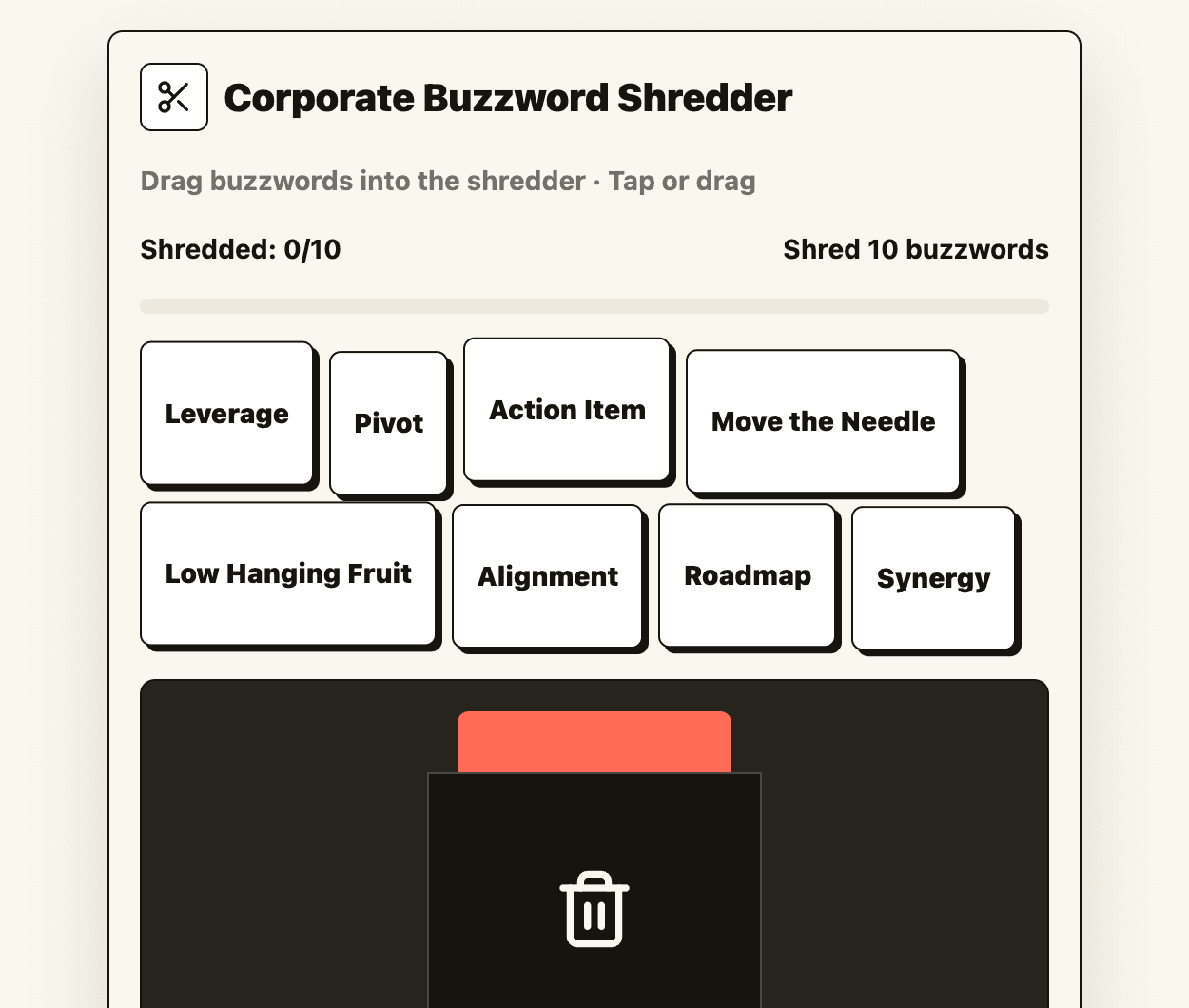 Meeting Detox — corporate buzzword shredder mini-game